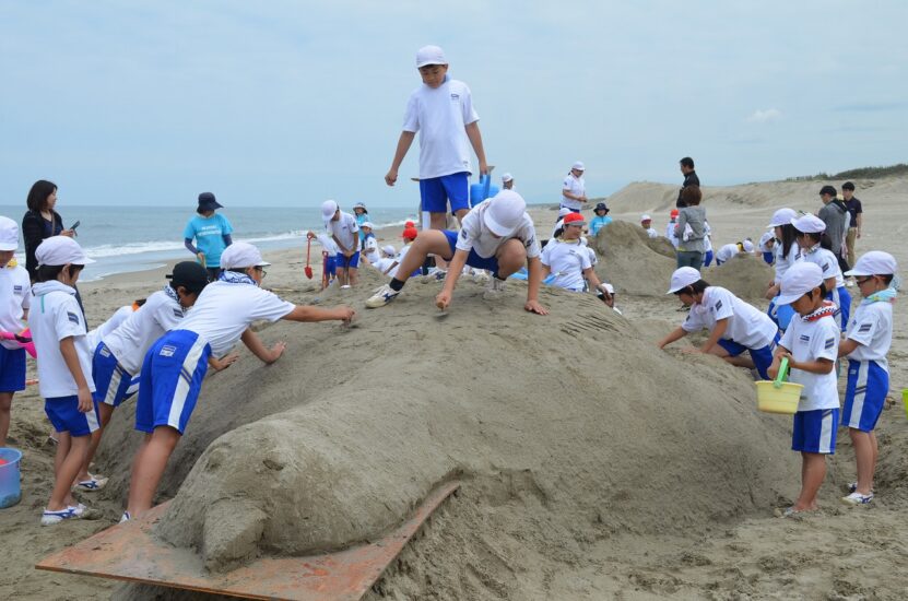 力を合わせ砂のアート  湯野浜小の伝統行事 創造する喜び体験