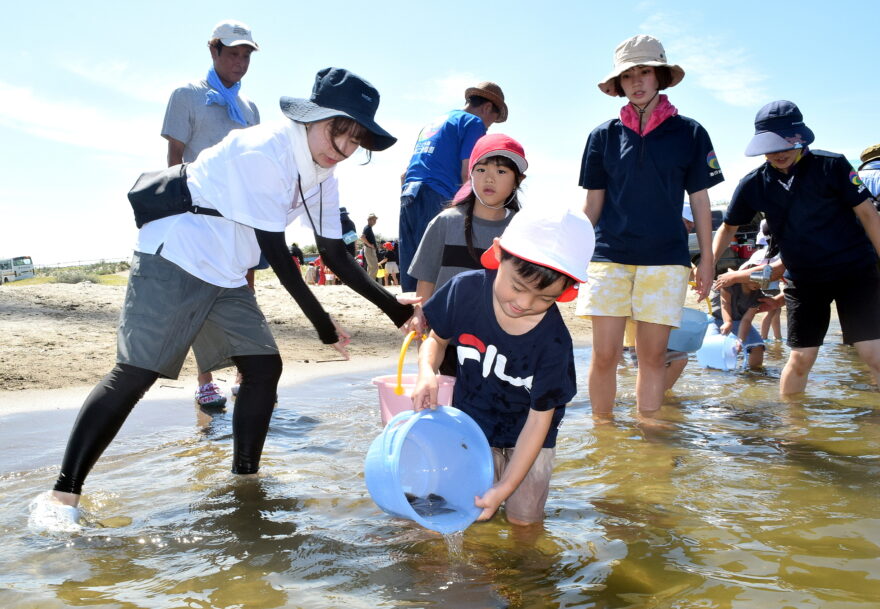 園児が声を掛けながらヒラメ放流 酒田